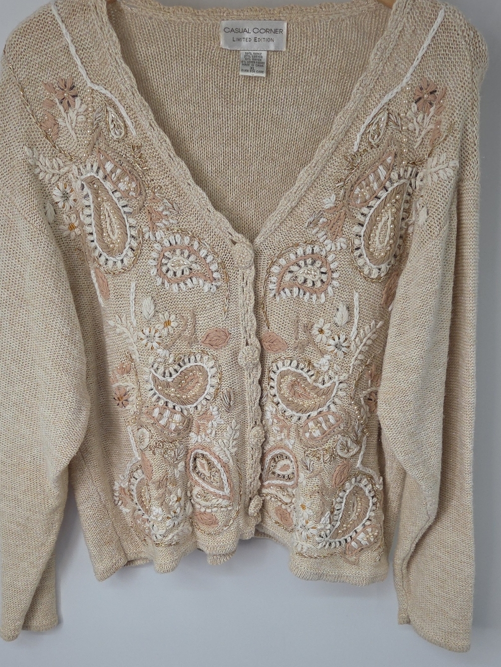 VTG Casual Corner Cream Intricate Embroidered & Pearl Dainty V-Neck Cardigan
